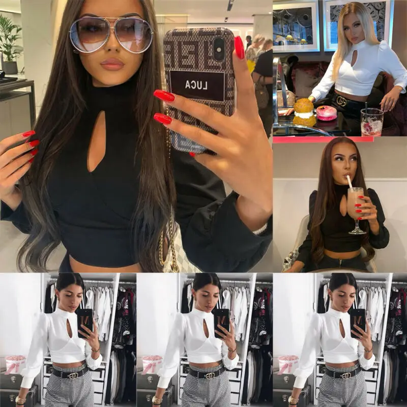 Мода женщин Дамы с длинным рукавом рюшами Bodycon рубашка блузка свободного покроя кроп Топы Великобритания