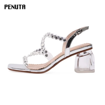 

2020 PENUTA Crystal Wedding Shoes Ladies Silver Chunky High Heels Fashion Designer Transparent Heel Sandals Summer New X0021