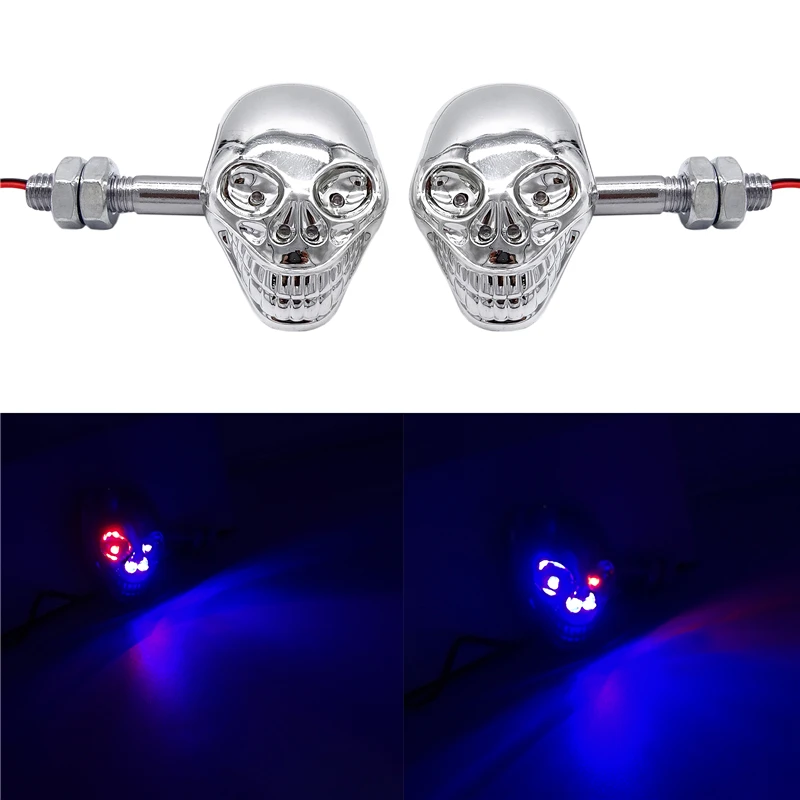 

12V 1 Pair Refit Punk Skull LED Blue Light Motorcycle Signal Lamp Universal Motorcycle Head Turn Signal Indicators Light Lamp