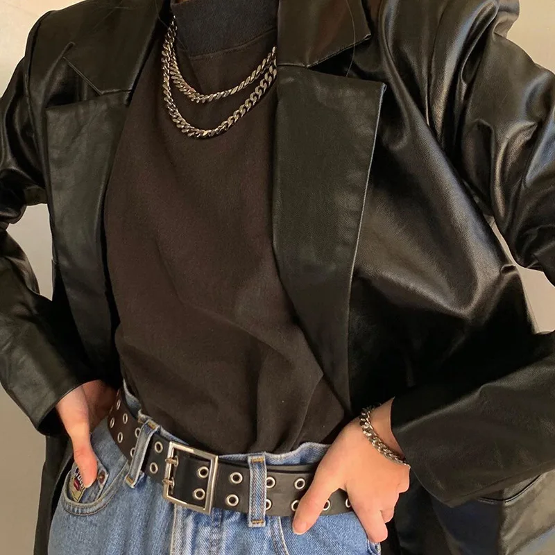 Pocket Faux Leather Blazer BlackLadies Winter Autumn Pu Leather Jacket Women Turn-down Collar Trench Coat Korean Style