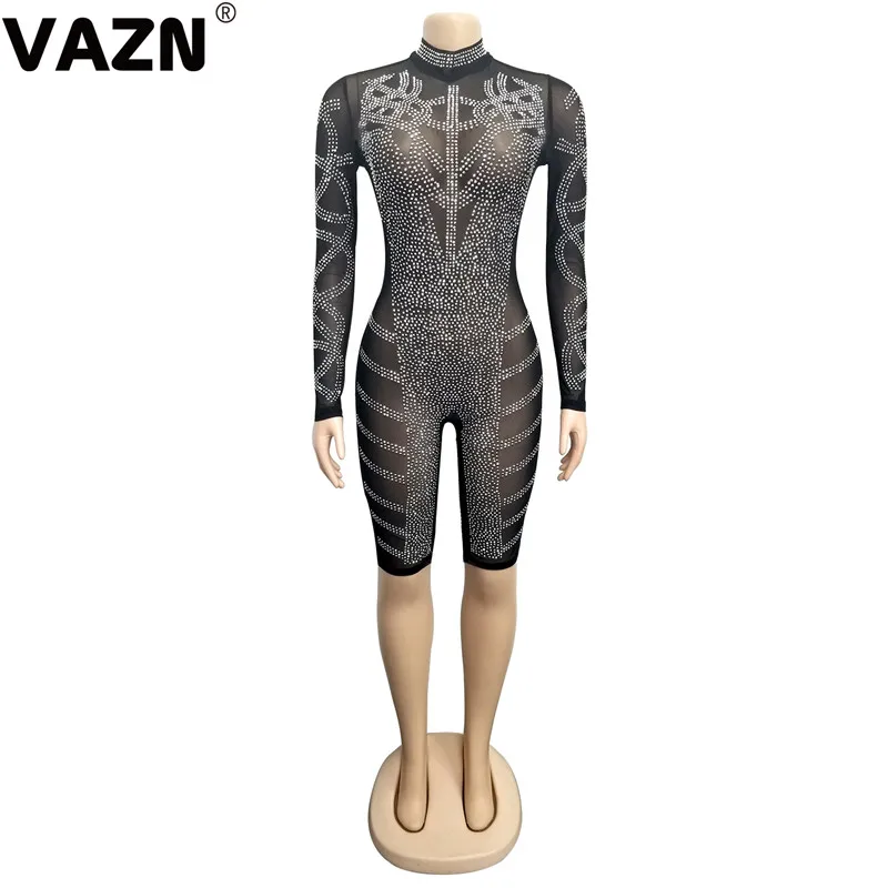 VAZN XYZ3305 новая тяжелая промышленность бриллианты Сексуальная Клубная Мода просвечивается полный рукав Талия коллекция женские обтягивающие мини-комбинезоны