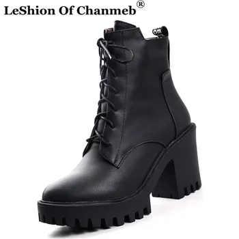 

Retro Style Women's Gothic Boots Ladies big Size 43 Lace up Thick Chunky High Heels Platforms Lace up Ankle Boots botas feminina