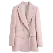 

Jenny&Dave Double Breasted Casual Blazer Women Tweed Blazers And Jacket England Style Office Lady Fashion Pink Color Texture