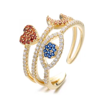 

S925 Sterling Silver Zircon Moon Heart Rings for Women Devil's Eye Gold Color Resizable Open Ring Female Fashion Jewelry