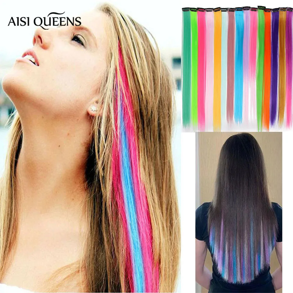 

AISI QUEENS Long Straight Clip In One Piece Hair Extensions 20 Inch Synthetic Two Tone Fake Hair for Women Girls Rainbow Color