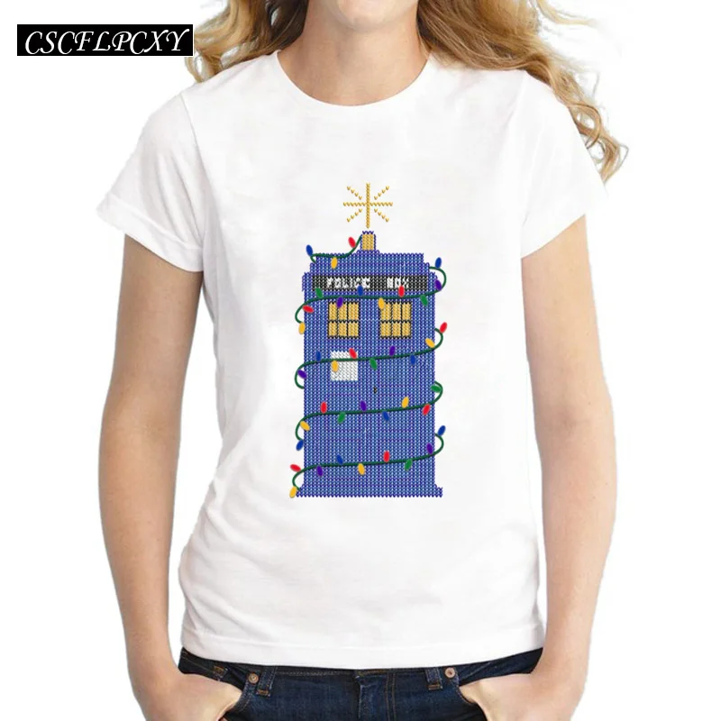 Новая модная женская футболка DR WHO, рождественские повседневные топы с изображением полицейской коробки, Модные Новинки футболки с коротким рукавом