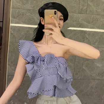 

Korean Style Blouse Woman New Fashion Personality Irregular Striped Shirt Slim-Fit Short Ruffle Trim Off Shoulder Shirt Top