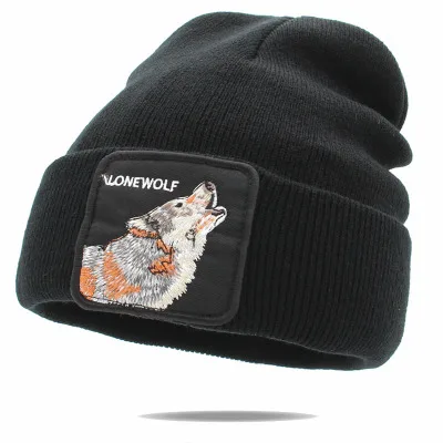 Black Wolf Унисекс шапочка вязаная с вышивкой в виде животных, Лоскутная манжета с черепом, теплая зимняя мягкая эластичная вязаная мужская шапка - Цвет: Black Wolf