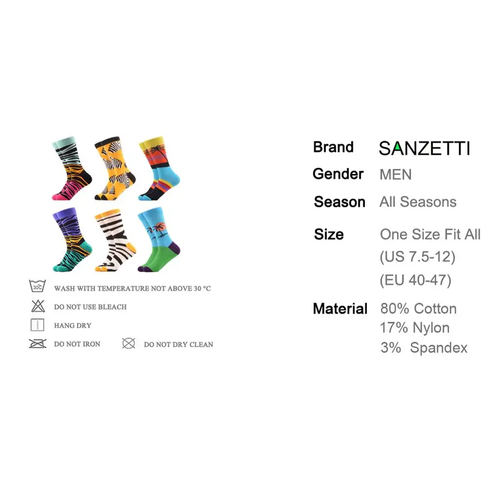 SANZETTI/6 пар/лот, мужские Разноцветные Повседневные носки из чесаного хлопка, удобные носки с забавным узором для свадьбы, дня рождения, вечеринки, подарка, платья