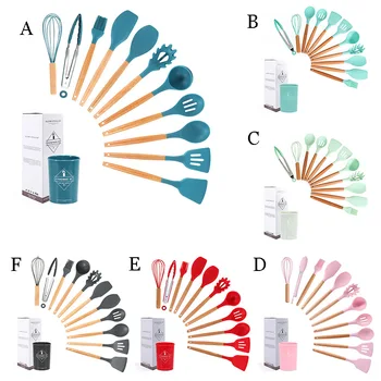 

Silicone Cooking Utensils Set Non-stick Spatula Soup Spoon Wooden Handle with Storage Box Kitchen Tools Set Gifts for Mother#1