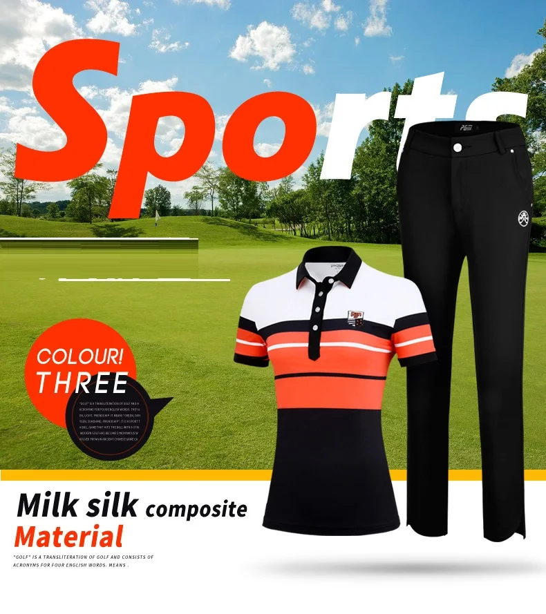 PGM Golf Apparel женский спортивный костюм Весна Лето короткий рукав женская одежда+ брюки полосатая молочная шелковая футболка