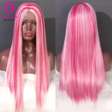 OLEY, средняя часть, Длинные прямые парики, розовый, жаропрочные синтетические парики для женщин, бесклеевая кружевная передняя часть, косплей парик Peruca