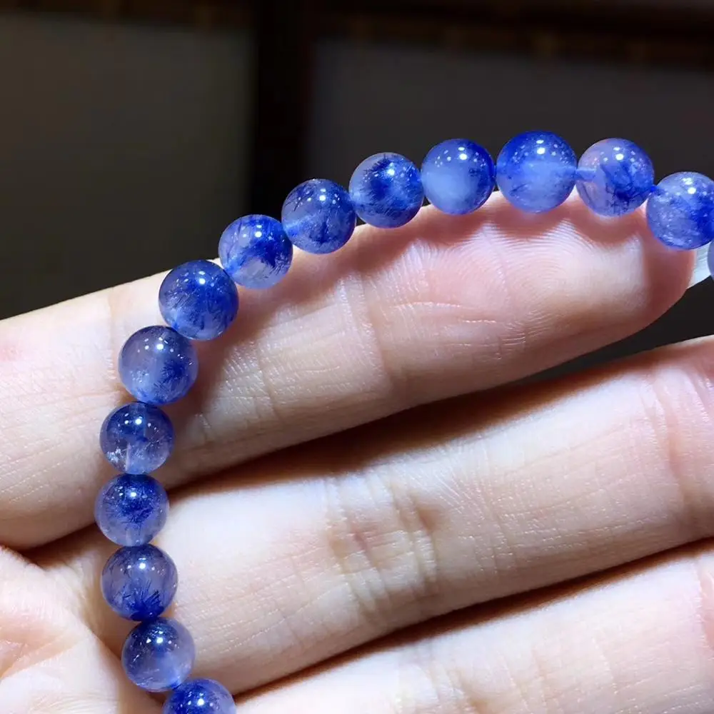 Natural Blue Dumortierite Quartz Rutilated Round Crystal Women 6mm Clear Beads Stone Bracelet From Brazil Certificate AAAAA
