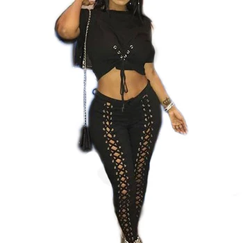 

Hollow Out Bandage Sexy Pants Outfits Black Plus Size Women Short Sleeve Drawstring Crop Top Trousers Club Sets Summer Rompers