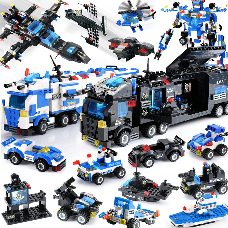 

City Police Blocks Compatible LegoINGlys City Block Vehicle Car Helicopter Building Blocks Playmobil DIY Brick Toys For Children