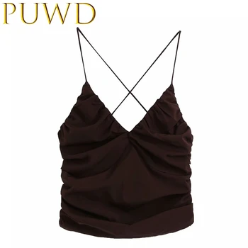 

PUWD 2020 Summer new women's pure black drawstring sling sexy half open back cross belt top