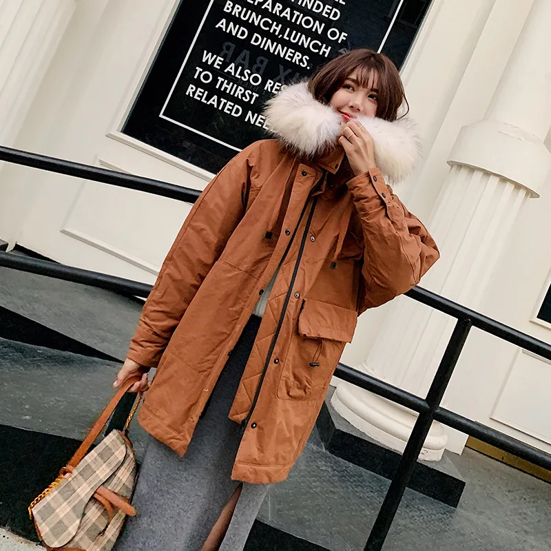 Maple color Winter new collection women down jacket thick loose long big scorpion fur collar thick tooling style down jackets woman hooded - Color: Maple color