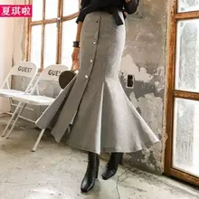 Модная длинная удлиненная юбка средней длины для женщин, большие размеры, S-2XL, стиль русалки, женские юбки в клетку с высокой талией, однобортные