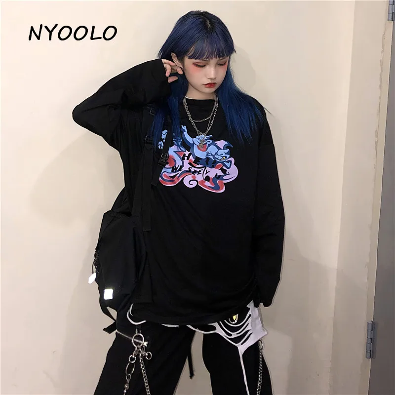 NYOOLO Harajuku стиль spoof мультфильм печати футболка осень уличная свободная o-образным вырезом с длинным рукавом Футболка женская мужская одежда Топ