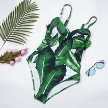 Зелеными листьями и принт Одна деталь шею, купальник, пуш-ап, женская купальник пляжная одежда летняя одежда для девочек боди Монокини ванный комплект Maillot