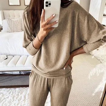 

Thread Fabric Solid O-Neck Women's Pajamas Sets Loose Casual Pencil Pants Soft Comfortable Casual Home Female Sleepwear Autumn