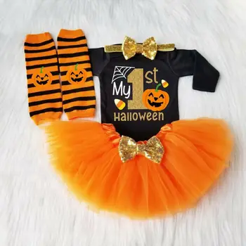 

2019 My 1st Halloween Baby Girls Pumpkin Outfits Tops Romper+Tutu Skirt Clothes