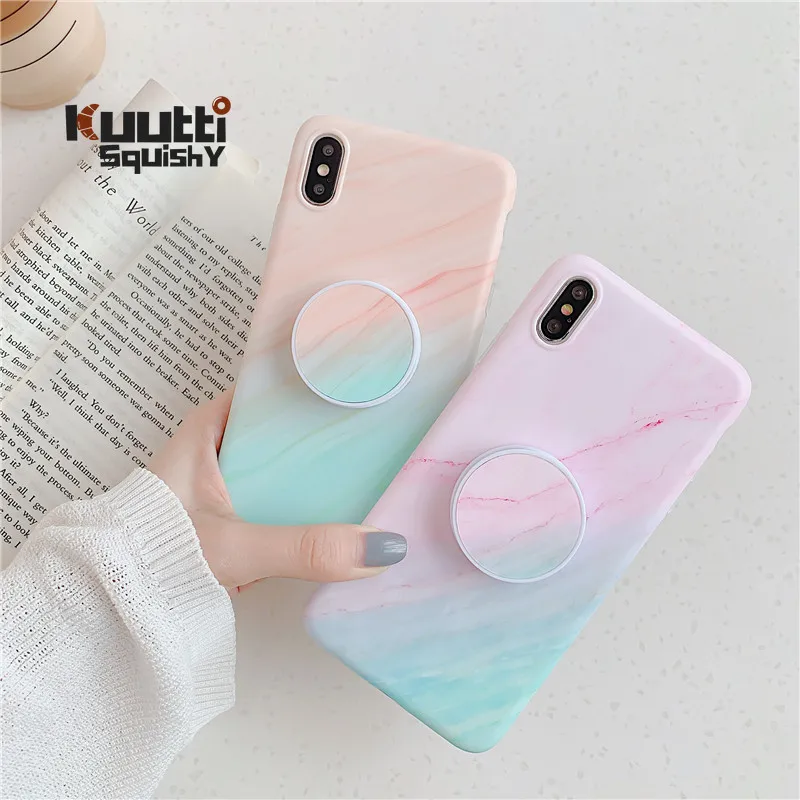 Squishy Home Luxury Pink Blue Marble Gradient Finger Holder Women Girls TPU Phone Case for iPhone 6 7 8 Plus X XR XS Max Covers |