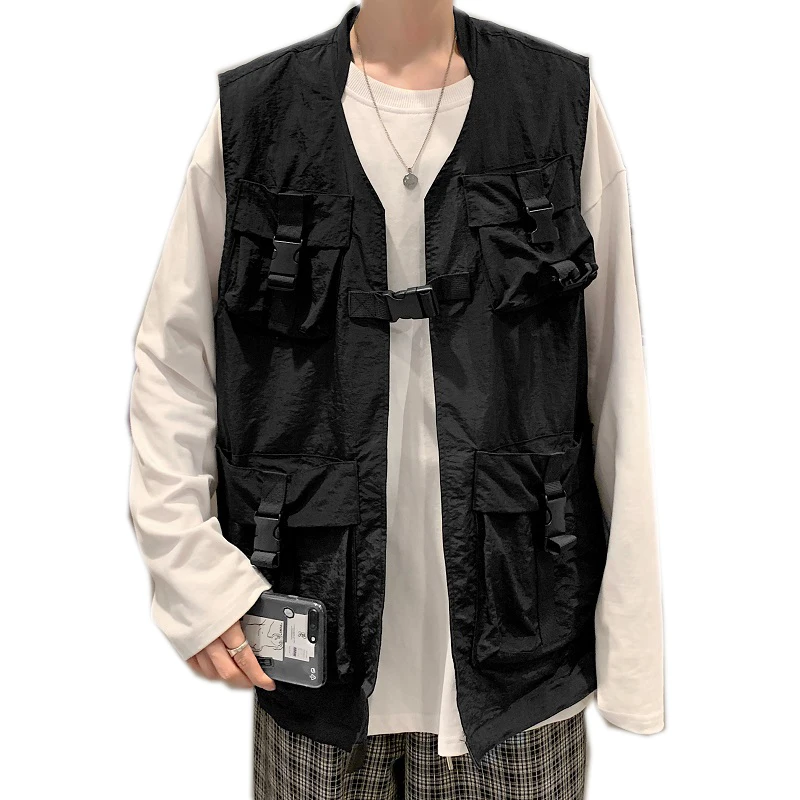 2021 Mens Fashion  Outdoors Tactical Coat Cargo Vest Hip Hop Men Sleeveless Jacket Coat Gilet Men