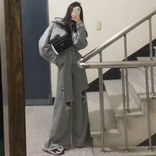 [Мода] осенне-зимние Новые товары; модный короткий свитер с капюшоном; повседневные широкие брюки; комплект из двух предметов; PA352