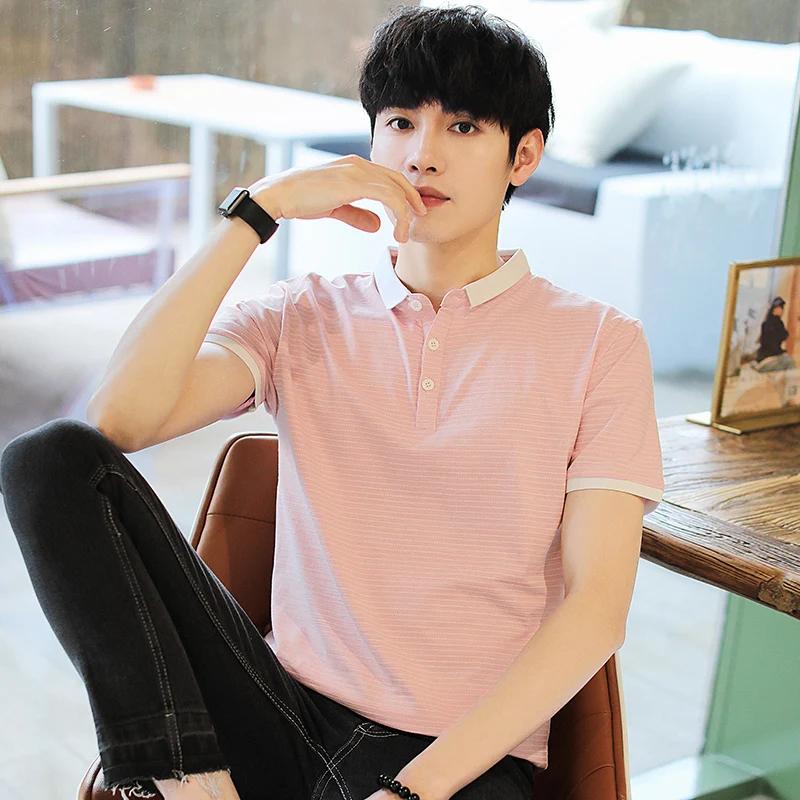 

TFETTERS Summer Men T Shirts 2020 New Casual Short Sleeve Turn-down Collar Stripes Tshirt Men Slim Fit Cotton Top Tees