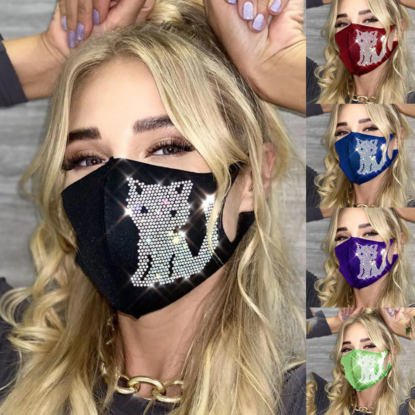 

Fast delivery 1pc Mouth Masks Rhinestone Cat Print Face Mask Washable Earloop Mask Headband mascarilla mascarar masques faciaux