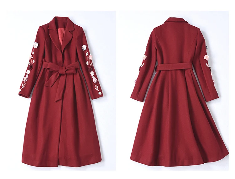 SEQINYY, красное пальто, Осень-зима, модный дизайн, высокое качество, для женщин, Цветочная аппликация, вышивка, длинный плотный Топ с поясом