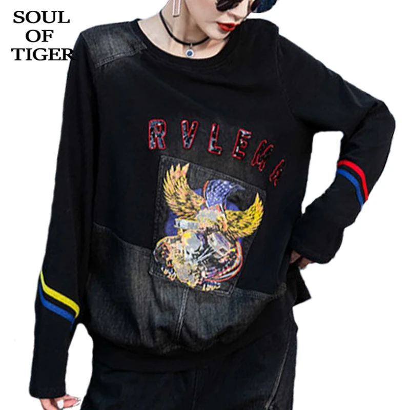 SOUL OF TIGER, корейская мода, женские хлопковые футболки в стиле панк, женские джинсовые Лоскутные футболки, зимние плотные Теплые Топы с принтом