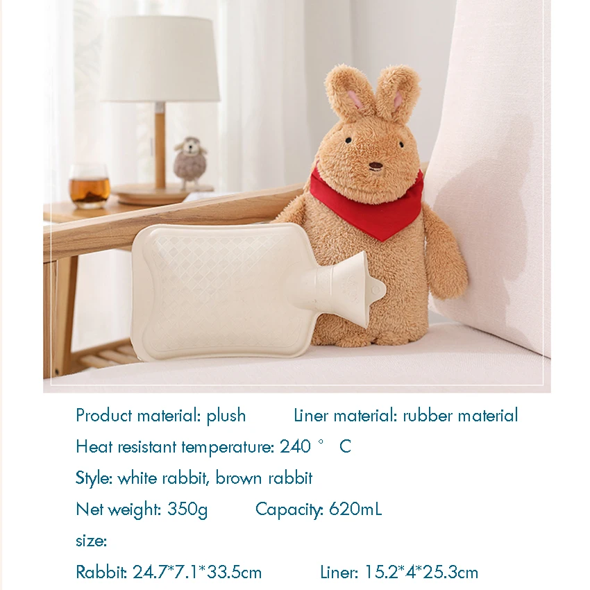 Rubber Hot Water Bottle with Plush Rabbit Cover, 620ml, Cute Water Injection Hand Body Warmer Bag Great for Pain Relief