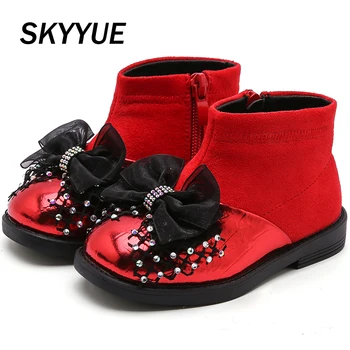 

Winter New Kids Princess Boots Baby Girls Bow Ankle Boots Children Pu Leather Shoes Soft Brand Black Boots Rhinestone Warm Boots