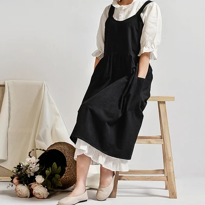 Korean version of the cotton art small fresh housework kitchen apron milk tea coffee shop work waist women - Цвет: Черный