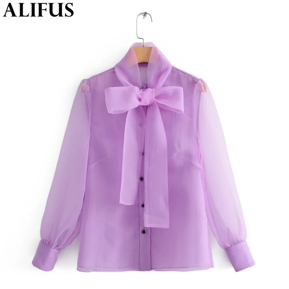 

Fashion Za Women 2019 Autumn Chic Solid Bow Tie Collar Blouse Organza Lantern Sleeve Office Wear Female Shirt See Through Blusas