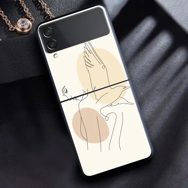 For Samsung Galaxy Z Flip 3 5G Case Luxury Matte Black Hard Phone Cover ZFlip 3 Shockproof Fundas Shell Abstract Women Face Line B12
