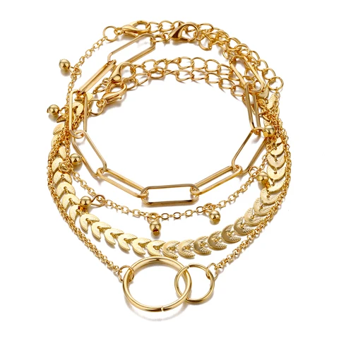 Vintage Circle Interlocking Fishbone Chain Bracelet Set for Women's Punk Geometric Thick Chain Bracelet Fashion Jewelry