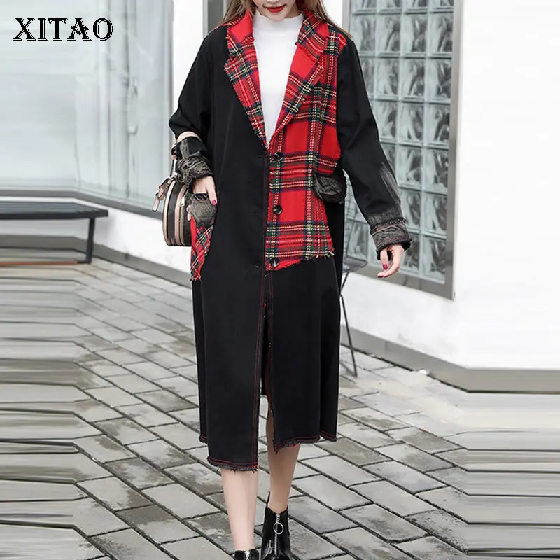 

XITAO Plaid Plus Size High Waist Trench Women Single Breast Pocket Elegant 2019 Autumn Patchwork Minority Style Coat WLD2593