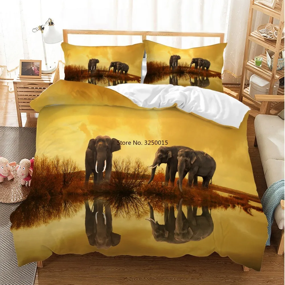 

Africa Elephant Family Duvet Cover Set 2/3PCS Microfiber Bedding Set Water Clouds Grass Bed Linens Pillowcase Room Decoration