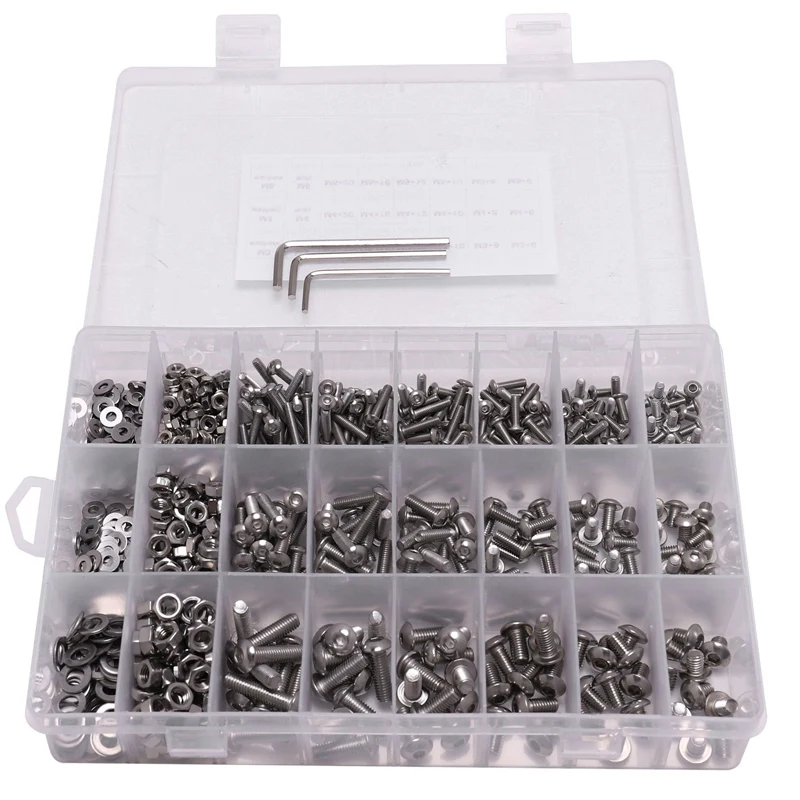 

304 Stainless Steel Screws and Nuts M3 M4 M5 Hex Socket Head Cap Screws Assortment Set Kit with Storage Box (900 x Hex Button He