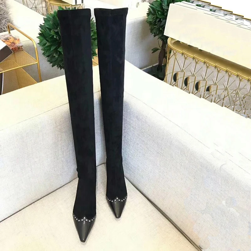 

high-quality 2020 Women Over The Knee High Boots Hoof Heels Winter Shoes Pointed Toe Sexy Elastic Fabric Women Boots