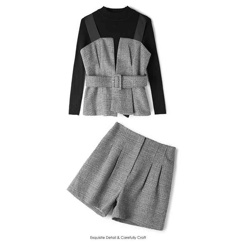 3 piece set HAMALIEL осенний Женский комплект из 3 предметов, модный вязаный черный свитер с круглым вырезом+ серые клетчатые топы с бретельками+ широкие шорты - Цвет: 3 piece set