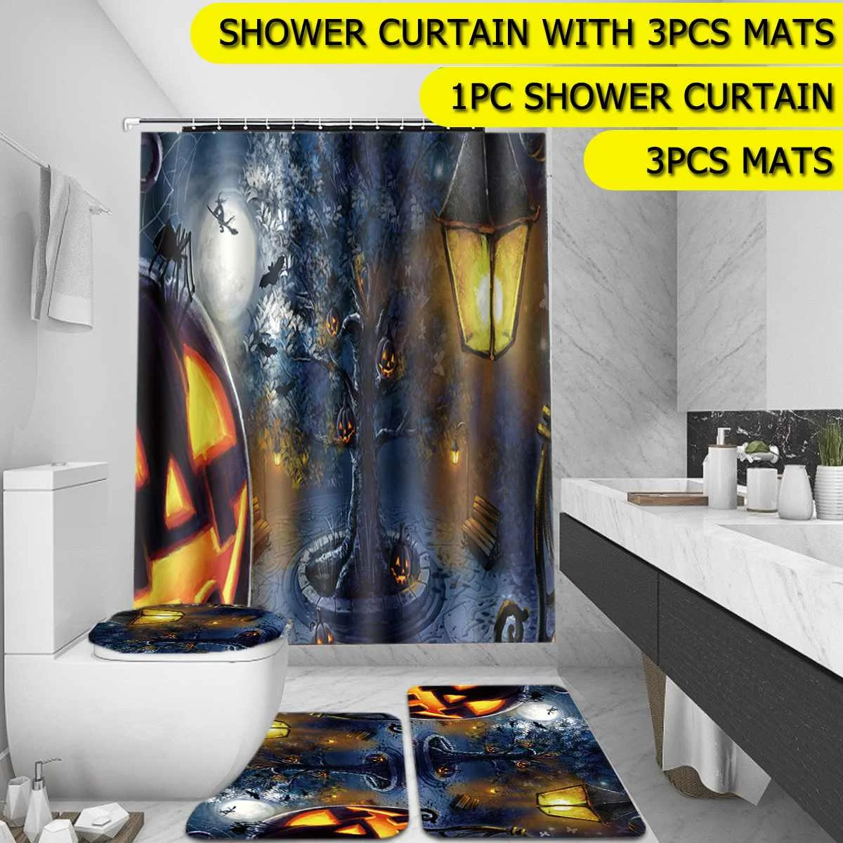 Halloween Pumpkin Shower Curtain BathMat Toilet Cover Rugs Bathroom Set 1//3//4Pcs