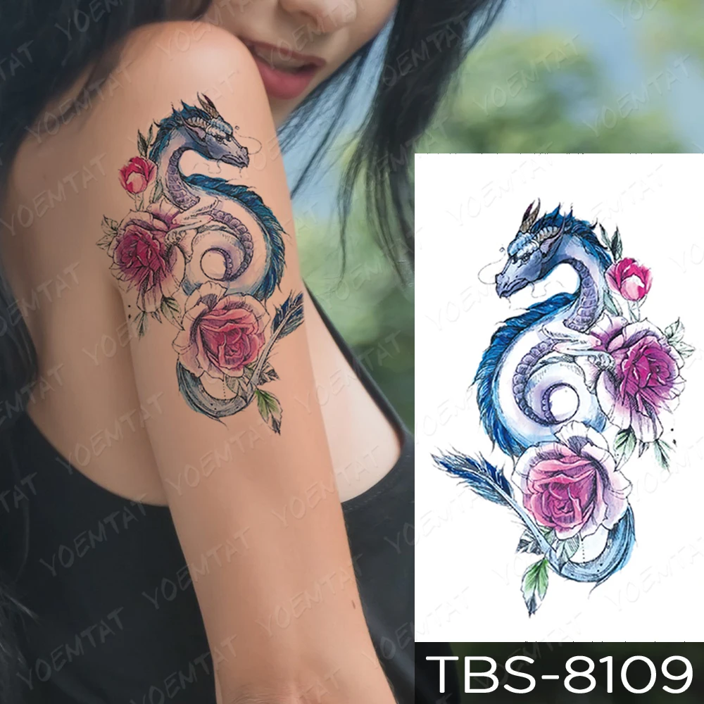 Lotus Rose And Dragon Tattoo Design