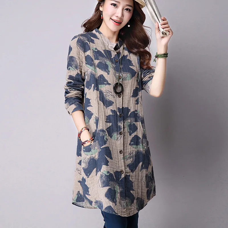 NIJIUDING Spring New Fashion Floral Print Cotton Linen Blouses Casual Long Sleeve Shirt Women  Top With Pockets cute blouses Blouses & Shirts