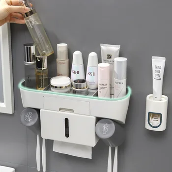 

Multifunction Toothbrush Holder With Cup Toothpaste Dispenser Wall Mount Cosmetics and Toilet Paper Storage Rack Bathroom Supply