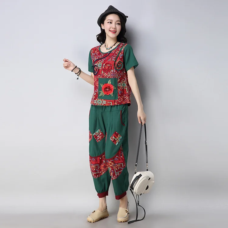 

2018 Summer New Style Loose And Plus-sized Cotton Linen Joint Embroider Jacket Loose Pants Set