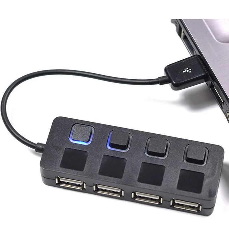 Светодиодный usb-концентратор с несколькими портами 2,0 4-Порты и разъёмы USB 2,0 концентратор с индивидуальным горит Мощность переключатели высокого Скорость Разветвитель USB для компьютера, ноутбука, компьютерные аксессуары